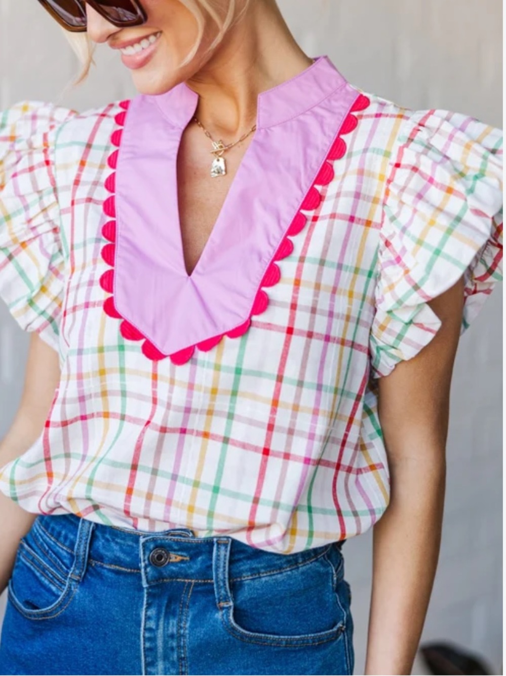 Entro Forever Mine Off White Plaid
Blouse Top Shirt Teacher Scallop